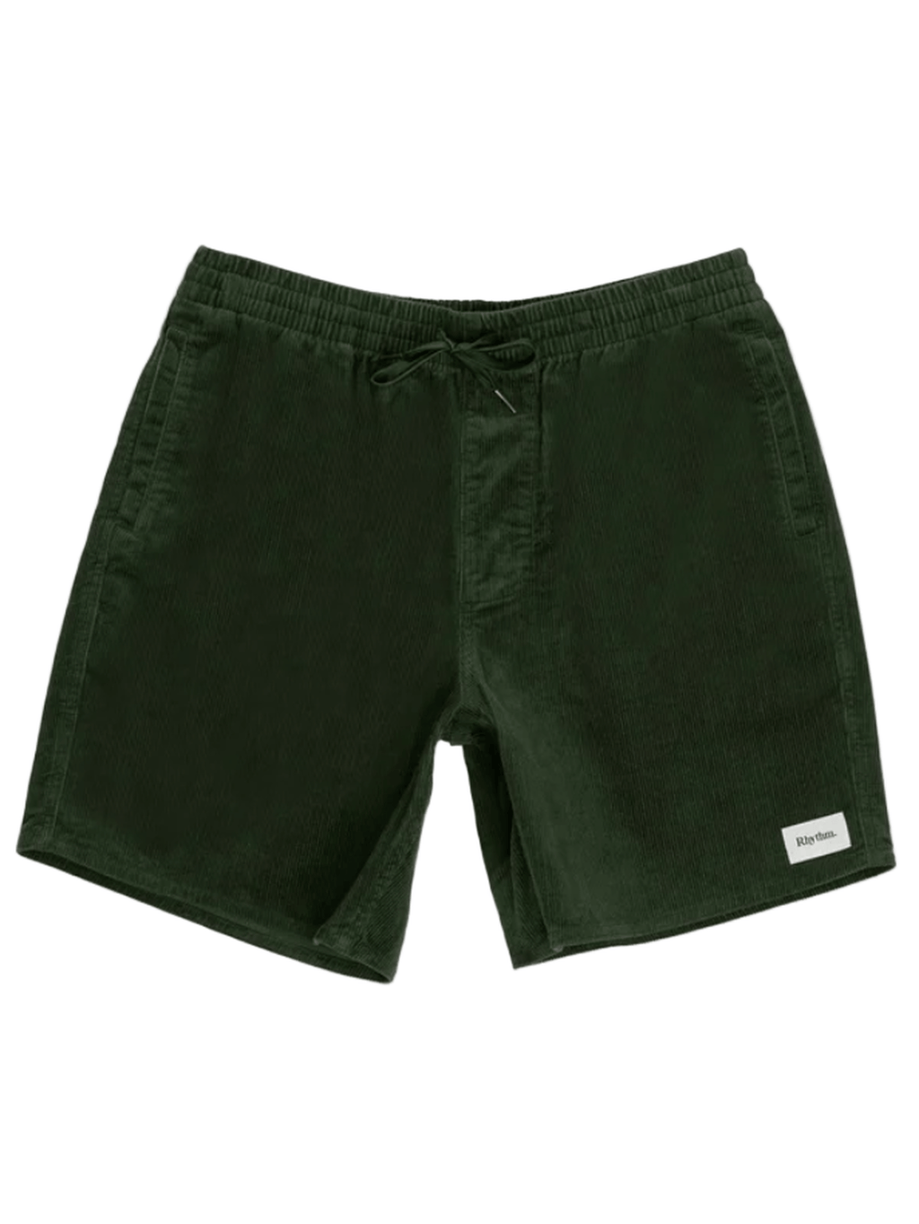 Green shorts with a brand label on a white background