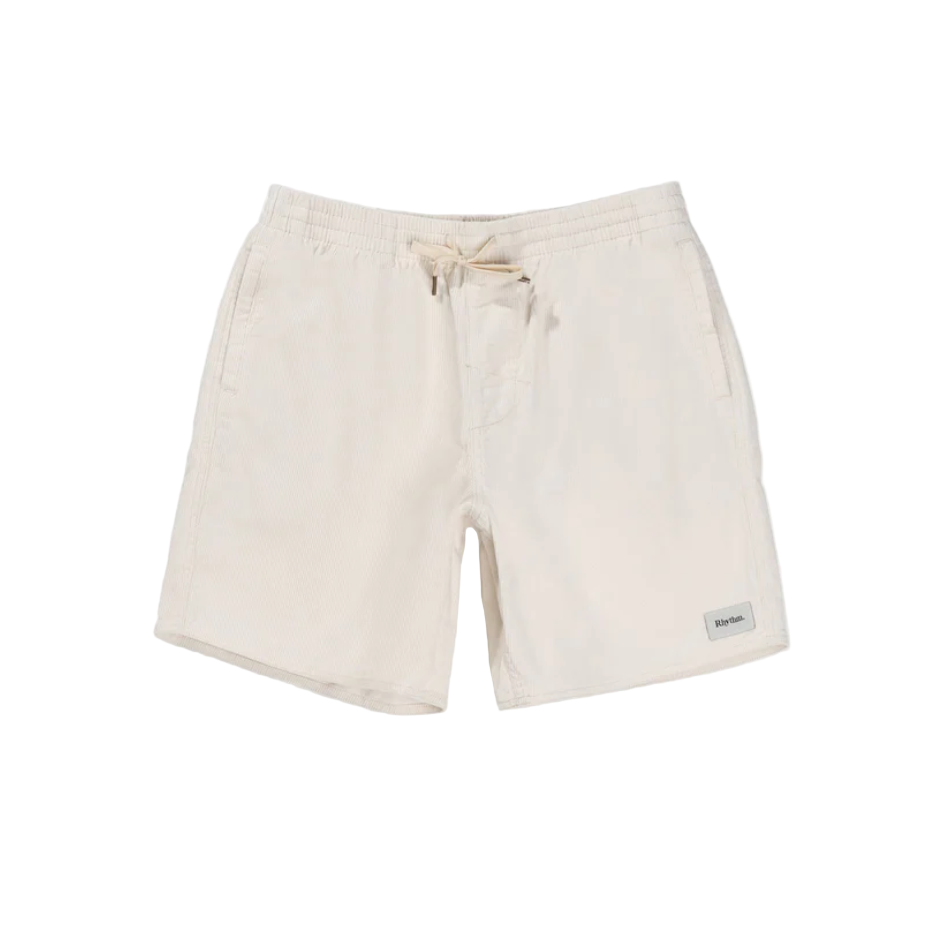 Beige shorts with a brand label on a white background