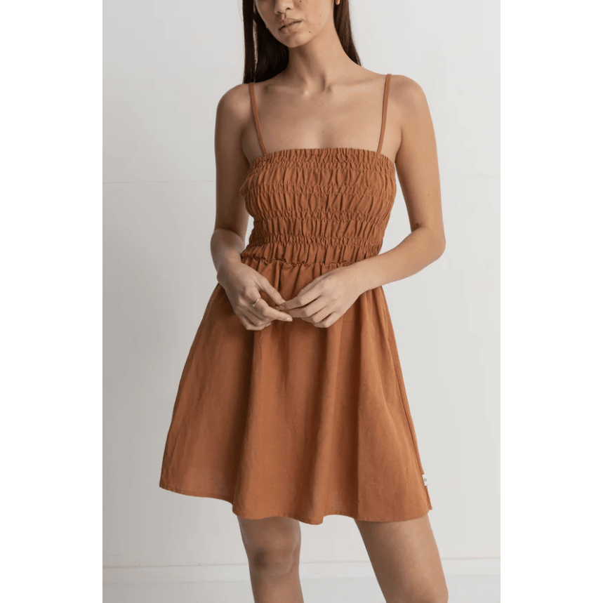 Classic Shirred Mini Dress - Caramel