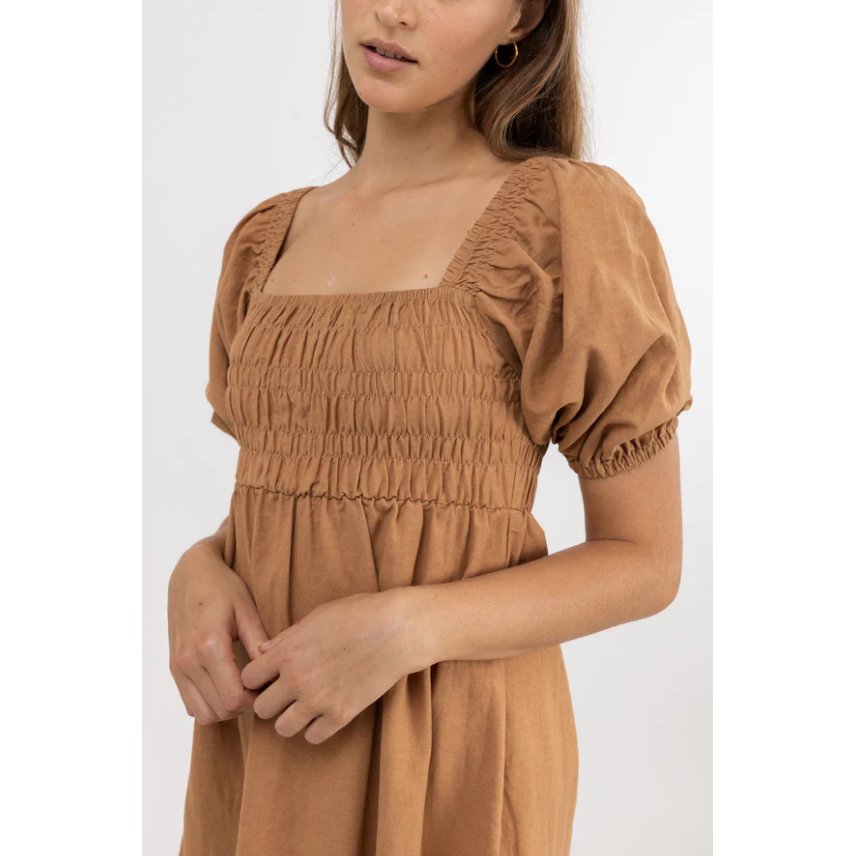 Rhythm - Saskia Smocked Mini Dress - Biscuit - Velocity 21