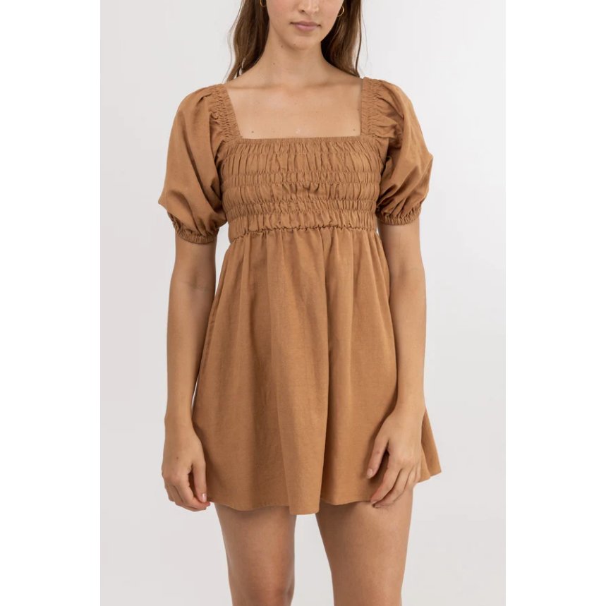 Rhythm - Saskia Smocked Mini Dress - Biscuit - Velocity 21