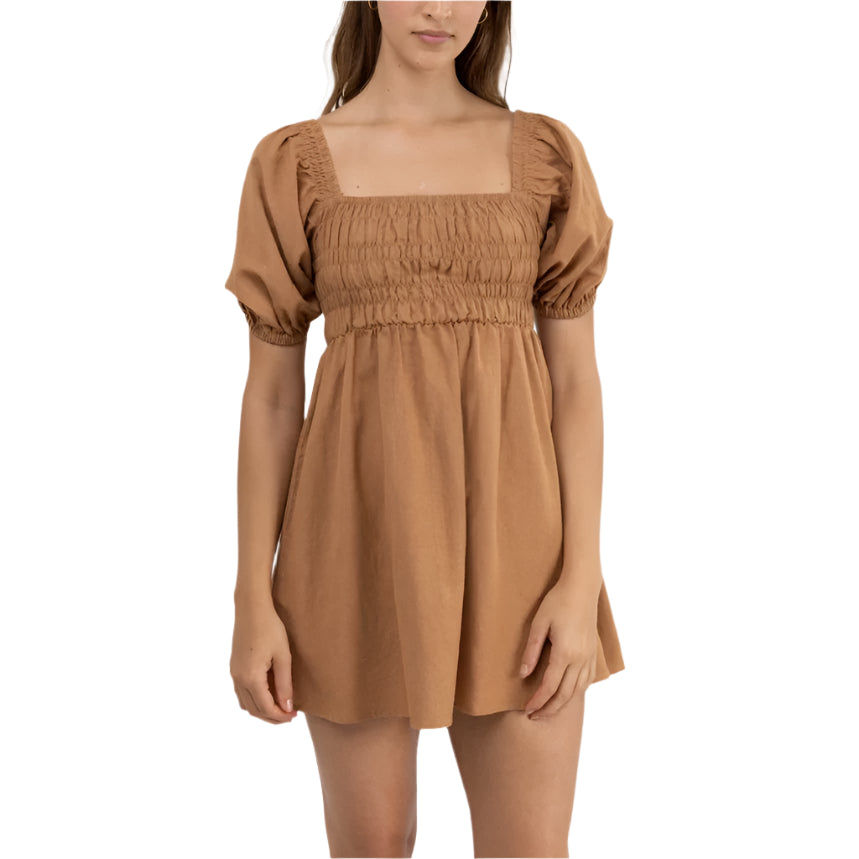 Rhythm - Saskia Smocked Mini Dress - Biscuit - Velocity 21