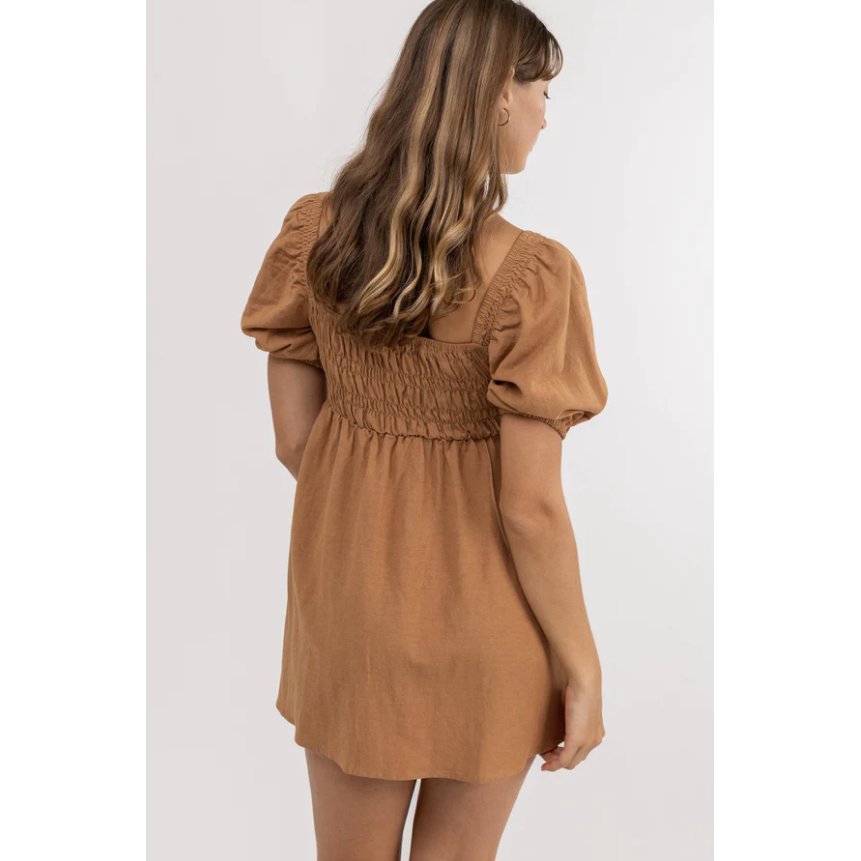 Rhythm - Saskia Smocked Mini Dress - Biscuit - Velocity 21