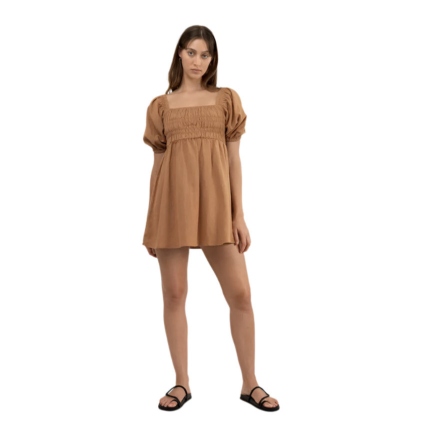 Rhythm - Saskia Smocked Mini Dress - Biscuit - Velocity 21