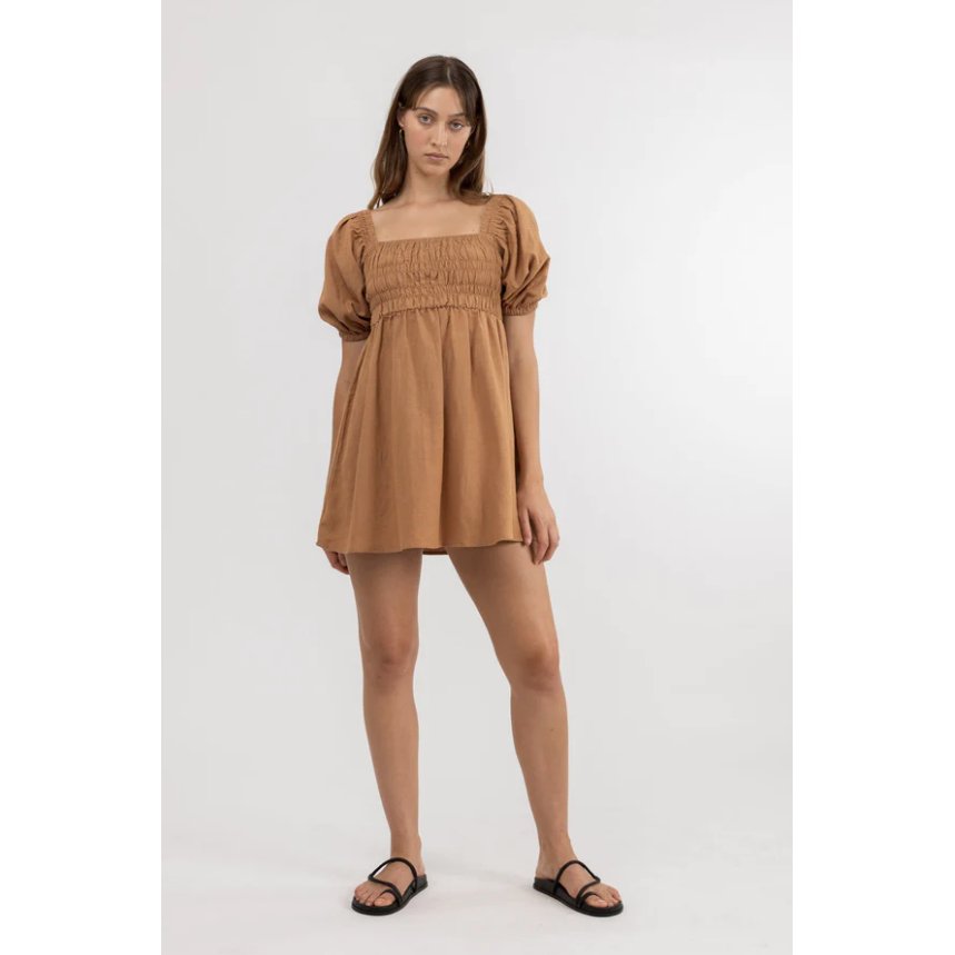 Rhythm - Saskia Smocked Mini Dress - Biscuit - Velocity 21